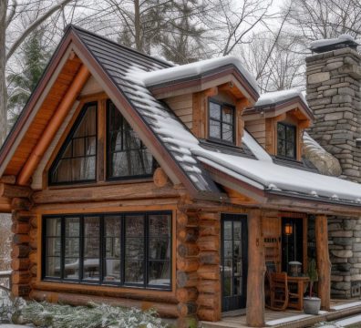 کلبه سوئیسی چوبی با سقف شیب‌دار در طبیعت کوهستانی