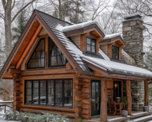 کلبه سوئیسی چوبی با سقف شیبدار در طبیعت کوهستانی