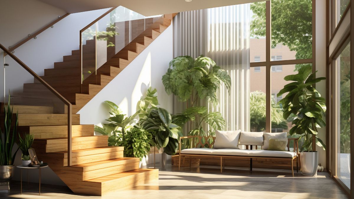 نمونه راهپله L شکل در فضای داخلی ویلا با طراحی مدرن و جانمایی مناسب